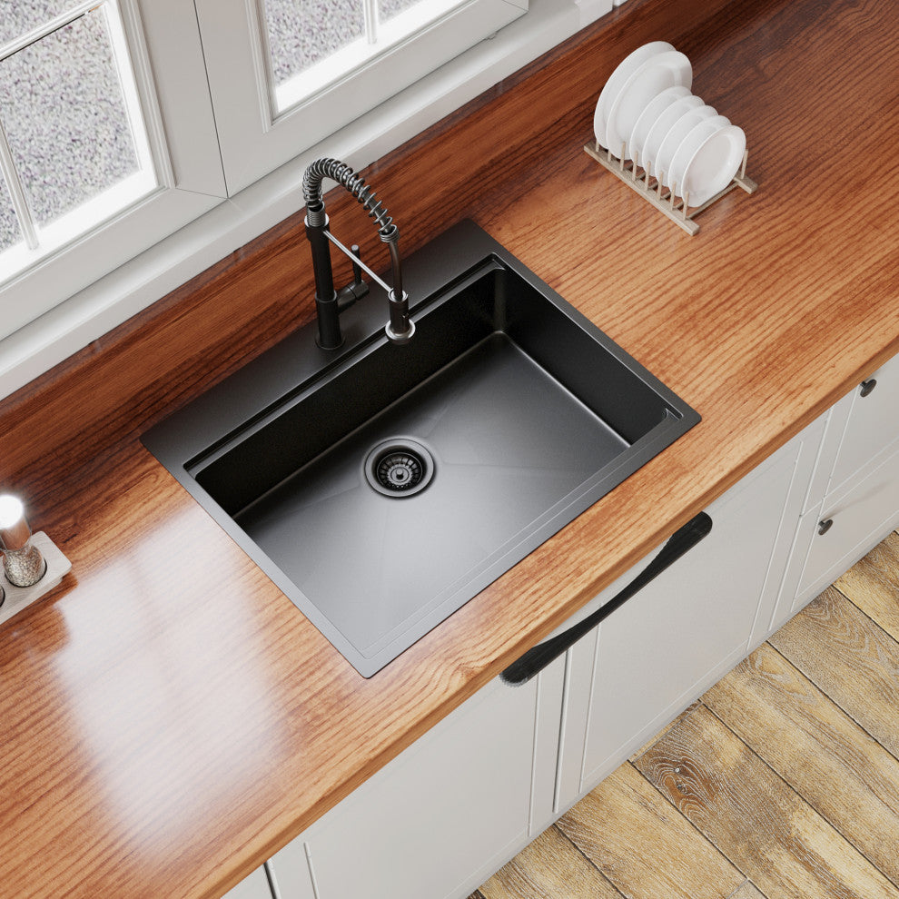 Drop In Stainless Steel Single Bowl Workstation Kitchen Sink, Gunmetal Black, 27 X 22