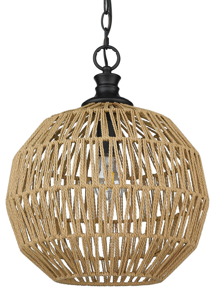 Golden Lighting 6933-M Florence 14"W Pendant - Matte Black / Natural Raphia