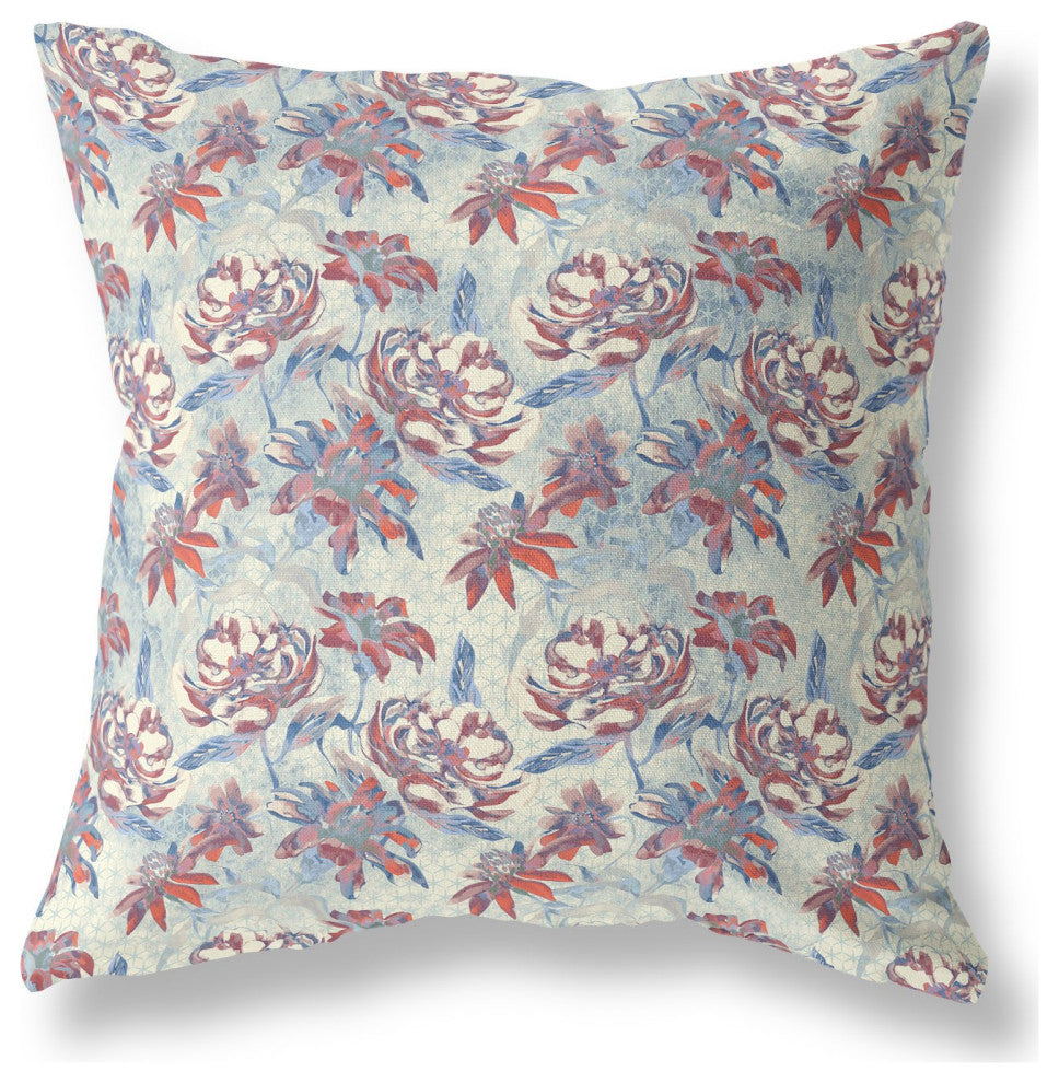 28" Red Blue Roses Indoor Outdoor Throw Pillow
