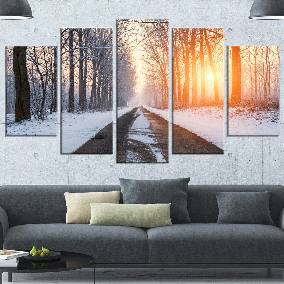 Bright Sun Break in Winter Forest, Large Forest Canvas Print, 60"x32", 5 Panels