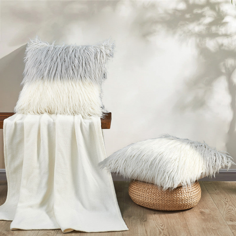 Mongolian Tie Dyed Faux Fur Pillow Cover 2 Piece Set, Grey