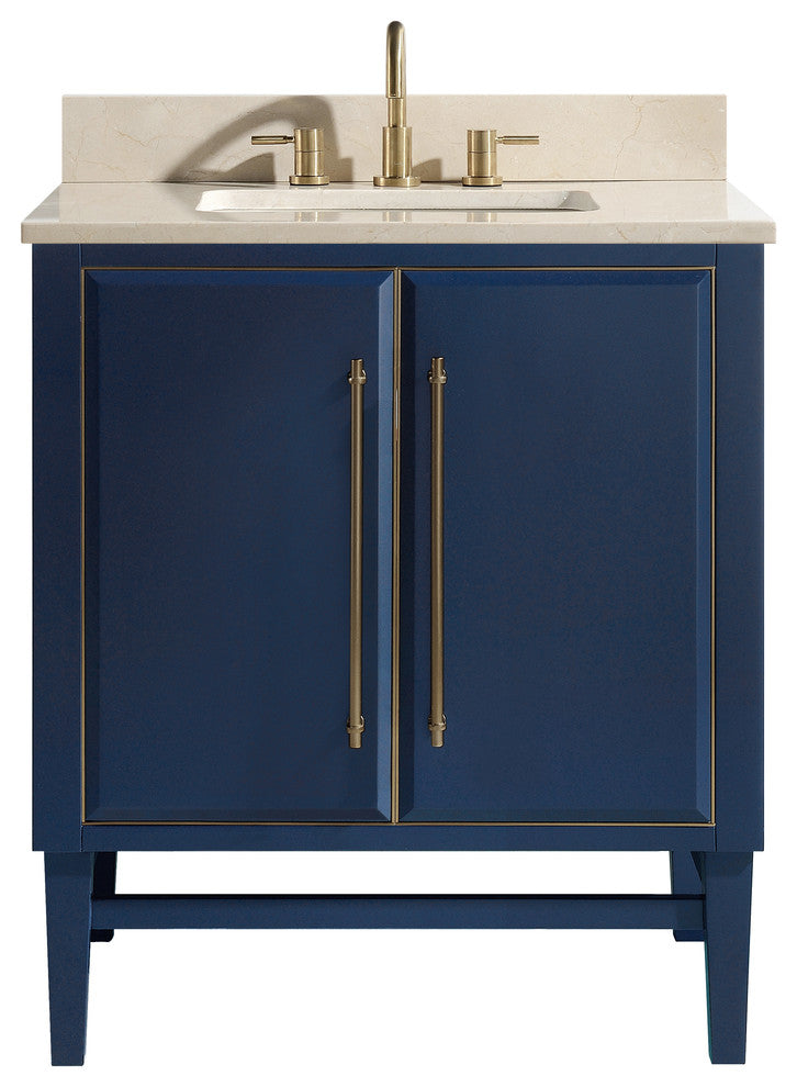 Mason 31" Vanity Combo, Navy Blue, Matte Gold Hardware / Natural 1" Crema Marfil Marble Countertop and Backsplash