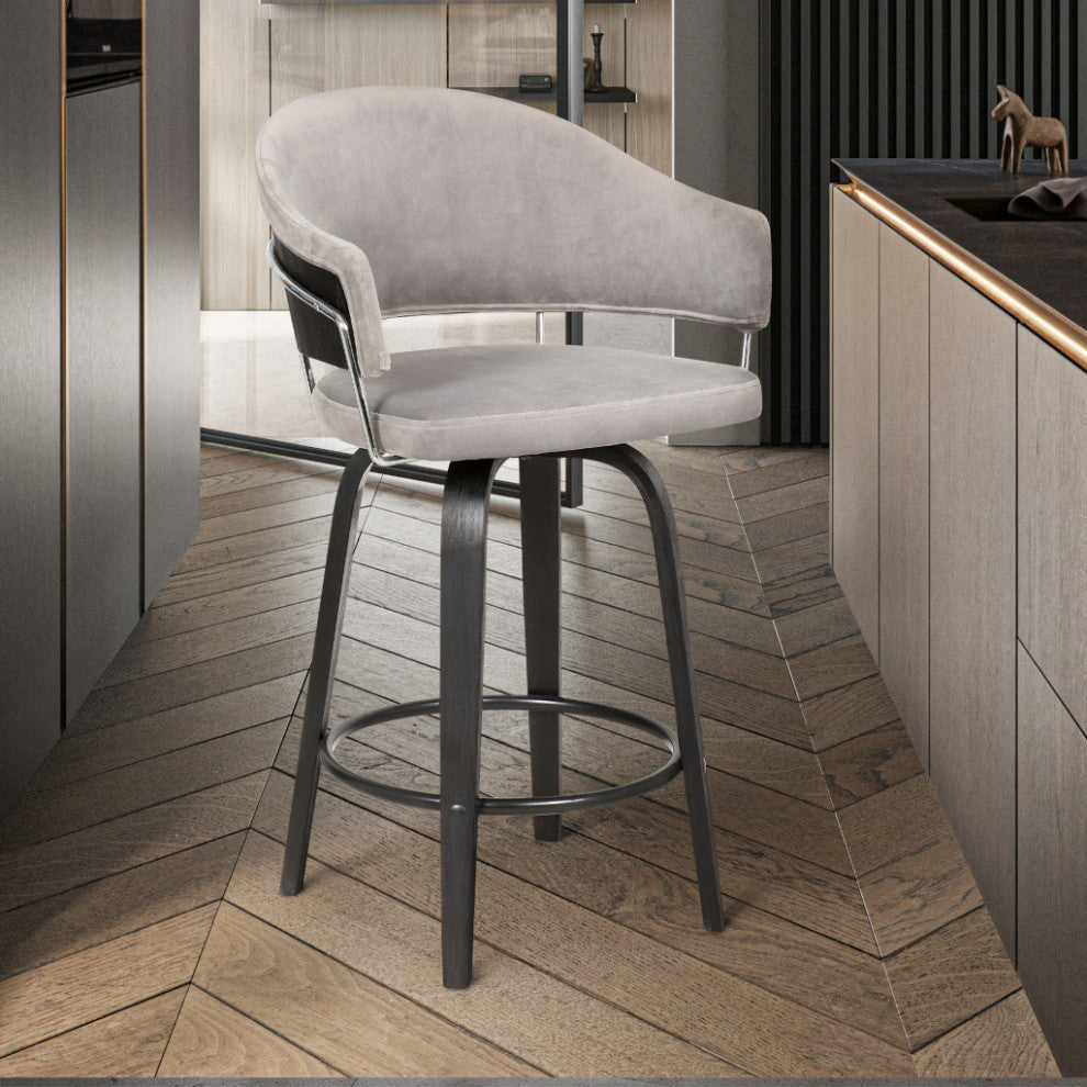 26" Light Gray Faux Leather Bar Stool With Black Brushed Frame