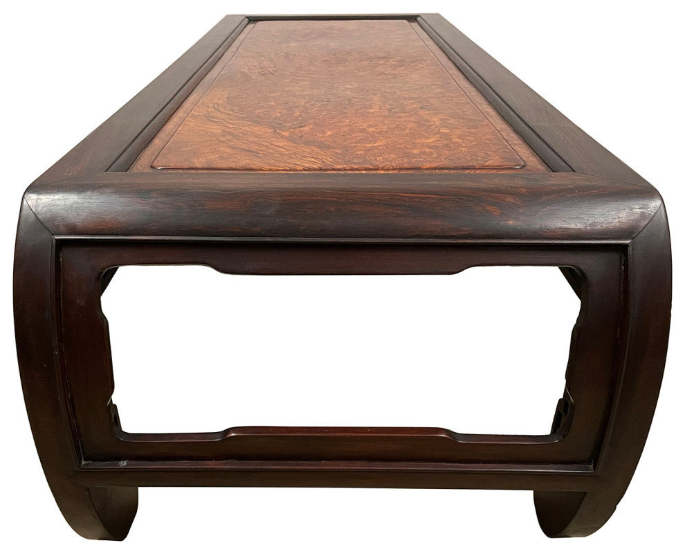 Consigned Antique Chinese Rosewood Carved Coffee Table with Burl Wood Top