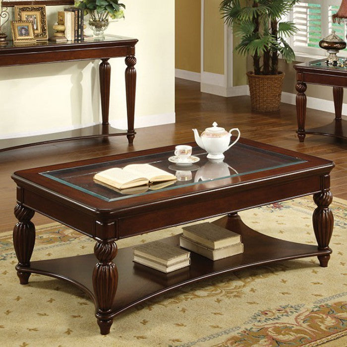 Glass-Insert Coffee Table With Carved Turned Legs, Dark Cherry Brown