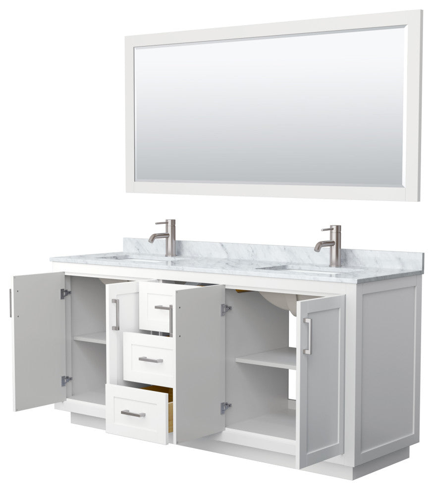 72"DBL Bathroom Vanity White, Carrara Countertop, Sinks, Nickel Trim, 70" Mirror