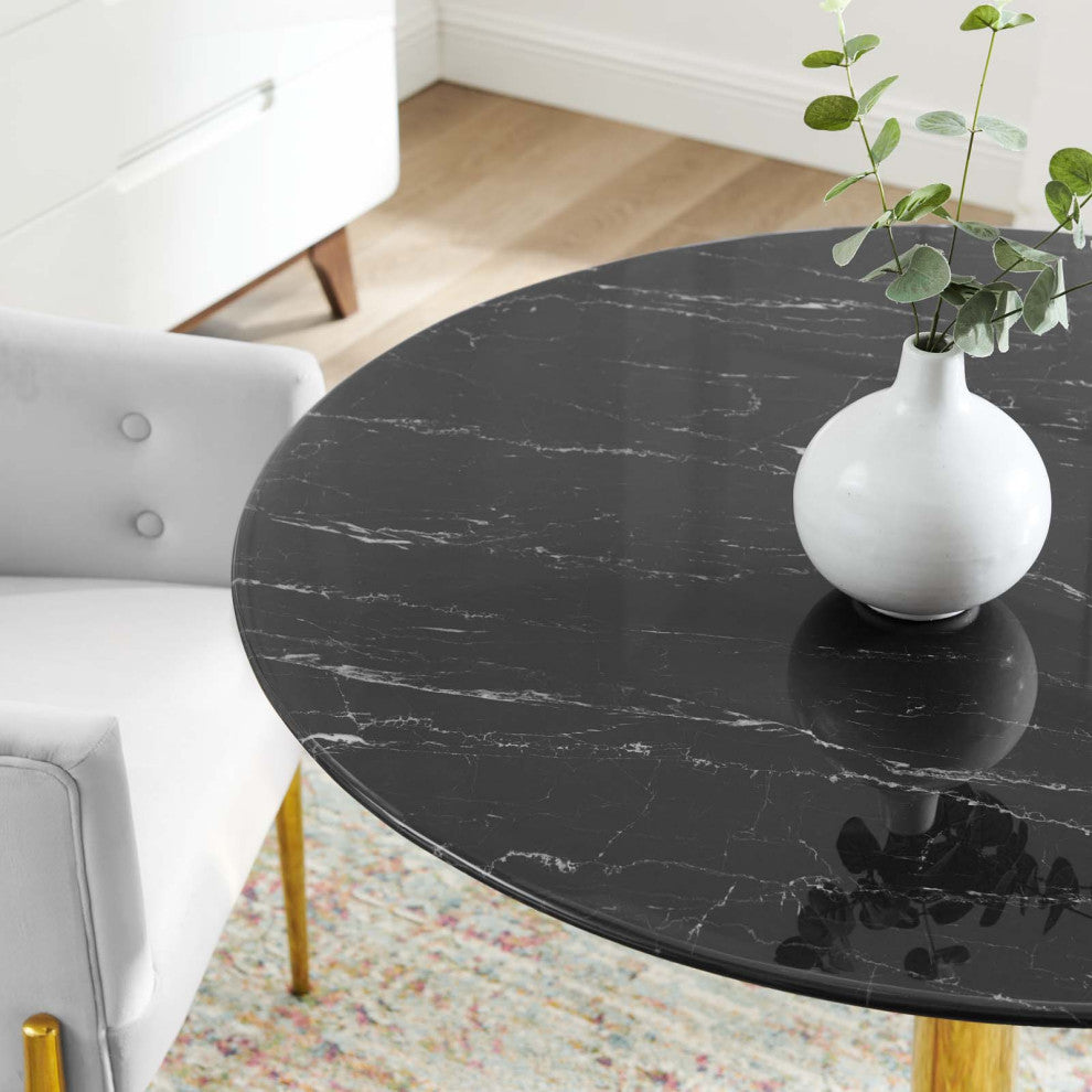 40" Dining Table, Round, Black Gold, Artificial Marble, Modern, Mid Century