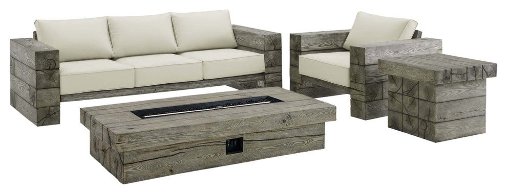 Sectional Sofa Chair Set, Sunbrella, Simulated Wood, Gray Beige, Outdoor
