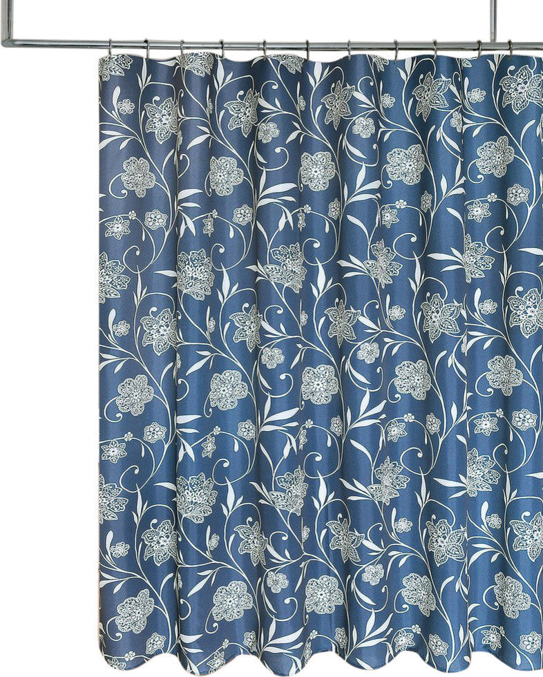 Navy Blue Cream Floral Scroll Fabric Shower Curtain