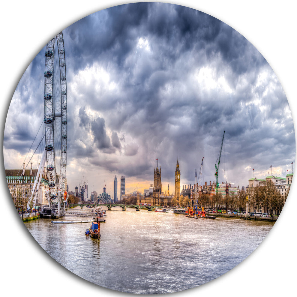 London Skyline And River Thames, Cityscape Disc Metal Wall Art, 23"