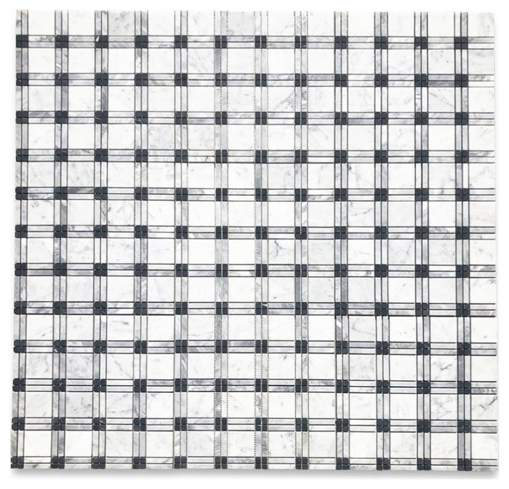 Carrara White Black Gray Marble Plaid Tartan Wall Floor Tile Matte, 1 sheet