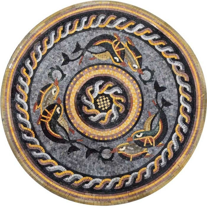 Nautical Medallion Design Mosaic Stone Art, 24x24