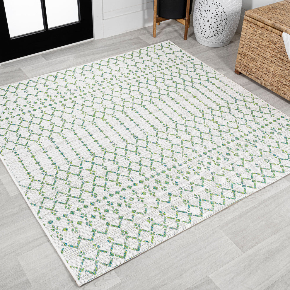 Ourika Moroccan Geometric Indoor/Outdoor Rug, Green/Ivory, 5' Square
