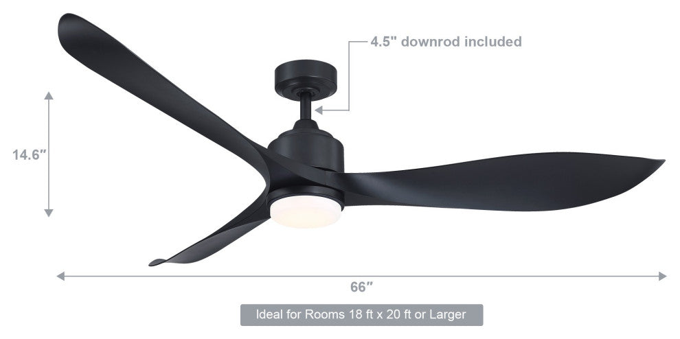 66 in Modern LED Ceiling Fan with 3 Blades and Remote Control, Black