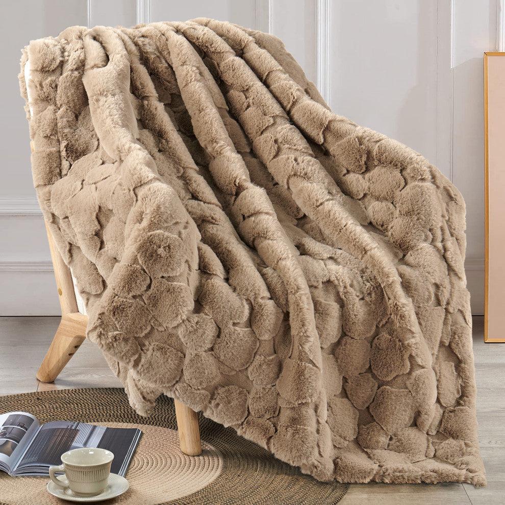 Cloud Carved Faux Fur Throw Blanket, Light Taupe