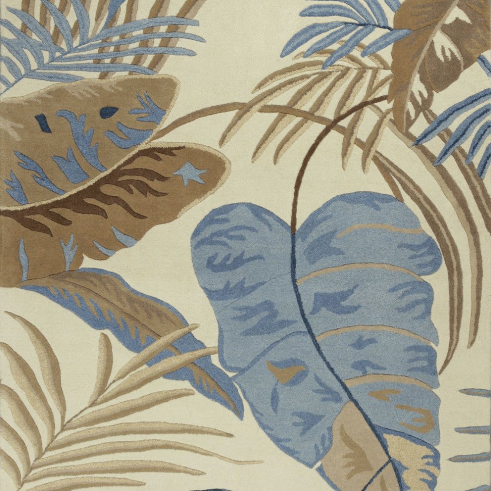 3' X 5' Ivory and Blue Wool Tropical Botanical Hand Tufted Area Rug