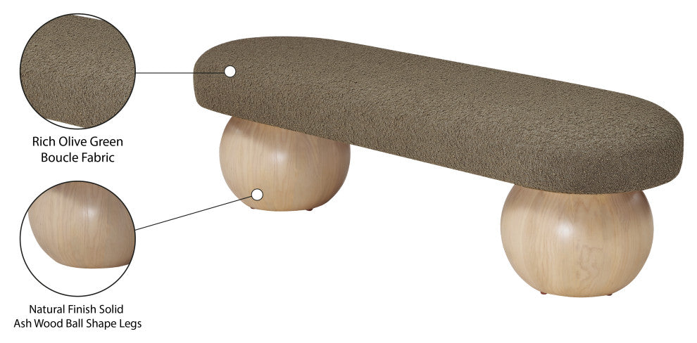 Meridian Furniture Bowie Boucle Fabric Upholstered Bench, Olive, Natural Finish