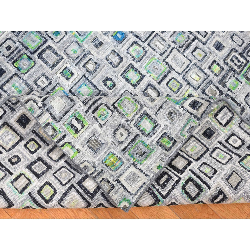 Gray, Silk With Wool, Psefas Square Design Hand Knotted Rug, 9'0"x12'3"