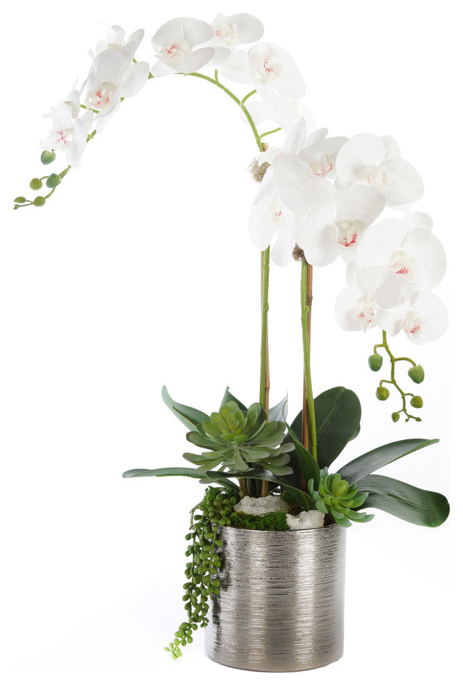 Real Touch White Orchid Flower Arrangement, Silver Ceramic Pot