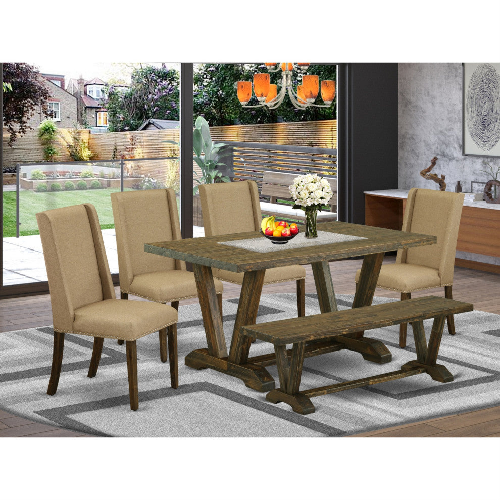 6-Piece Table Set, Dark Khaki Seat Chair Chairs, Bench and Top Table, Jacobean