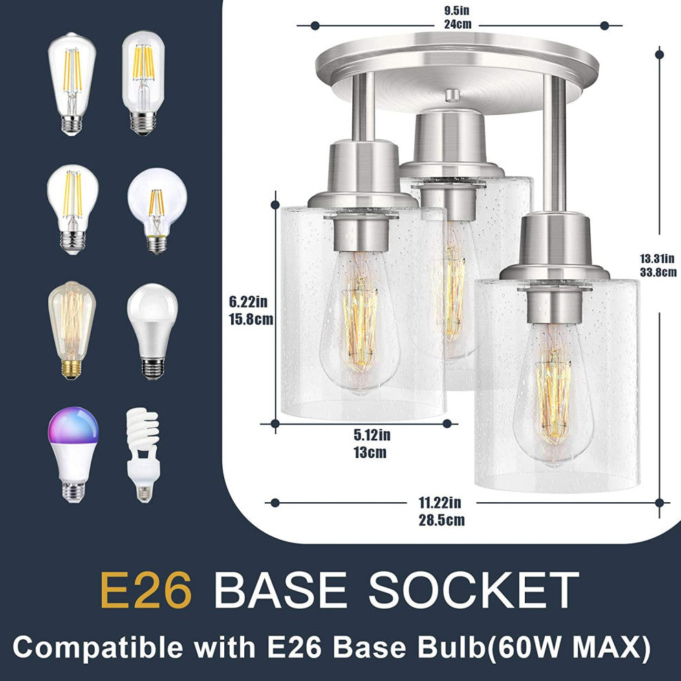 3 Light Close To Ceiling Light Fixture, Semi Flush Mount, Nickel
