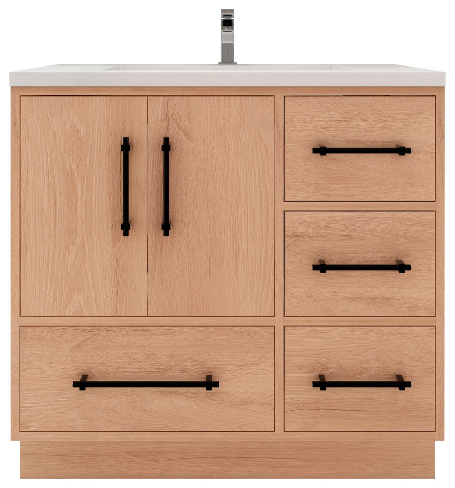 Victoria 36" Solid Wood Bath Vanity Right Side Drawers, Red Oak