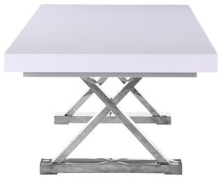 Excel Extendable 2 Leaf Dining Table, Durable Stainless Steel Base, White Lacque