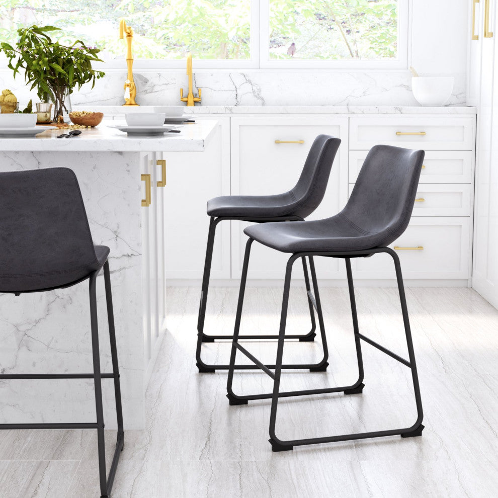 Counter Chair, Set of 2, Faux Vinyl Leather, Charcoal, Gray, Black, Industrial