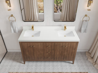 Atlanta Teak 60" Double Sink Bath Vanity, Dark Natural 2" White Quartz