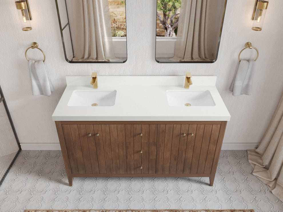 Atlanta Teak 60" Double Sink Bath Vanity, Dark Natural 2" White Quartz