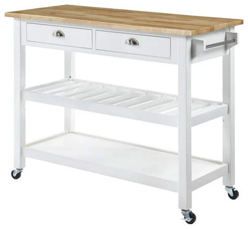Classic Kitchen Cart, Butcher Block Top & Drawers With Curved Pulls, White