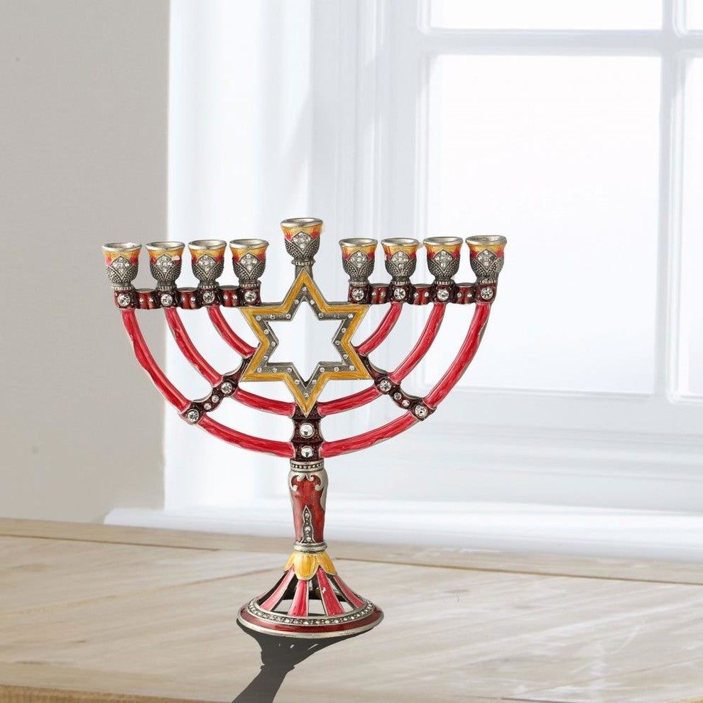 Hand Painted Enamel Menorah Candelabra with a Star of David Design