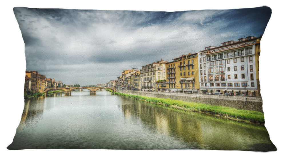 Arno River Under Dramatic Sky Cityscape Throw Pillow, 12"x20"