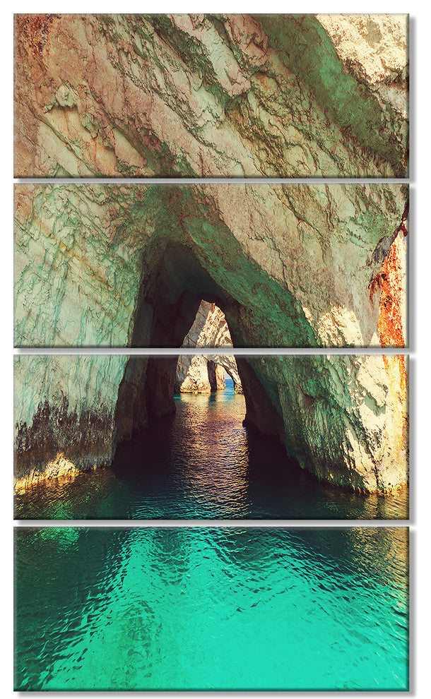 Beautiful Sea Cave in Greece, Landscape Canvas Art Print, 28"x48", 4 Panels