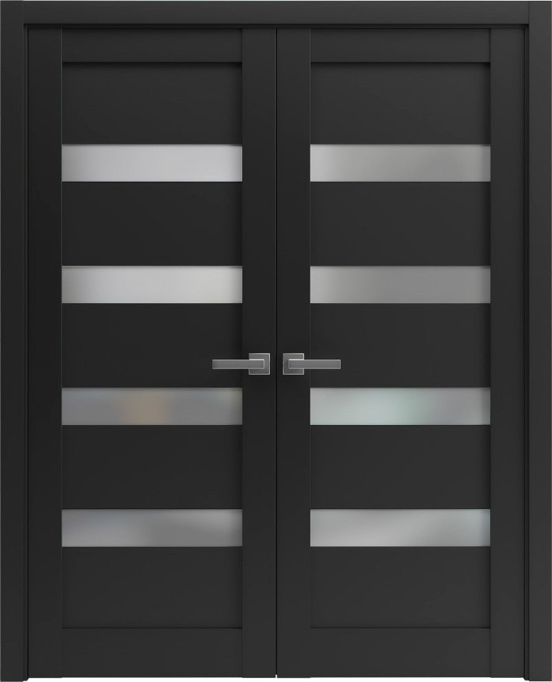 French Double Doors |Quadro 4113 Matte Black with Frosted Opaque Glass-72x80