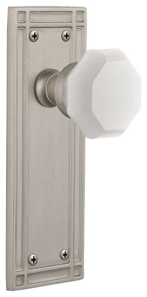 Mission Plate Privacy Waldorf White Milk Glass Knob, Satin Nickel