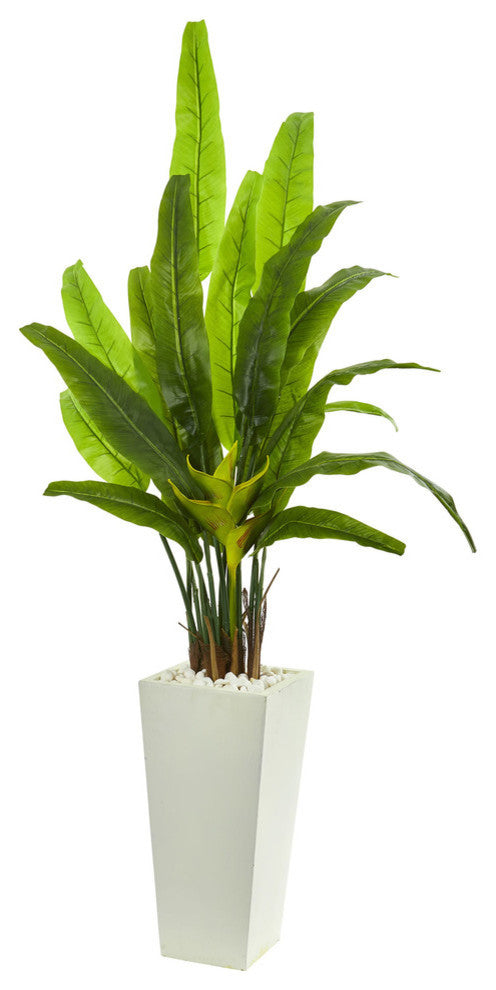 69" Travelers Palm Artificial Tree in White Tower Planter