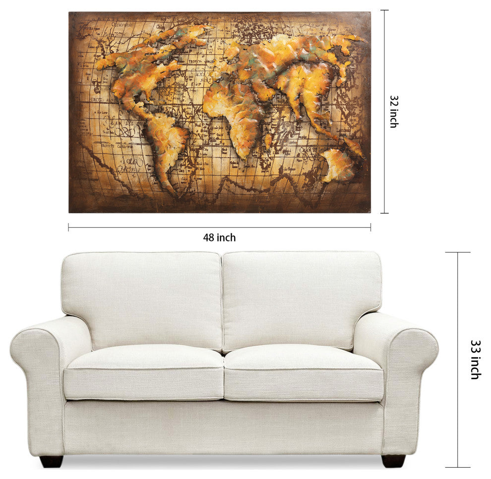 "Globe" World Map Mixed Media Iron Hand Painted Dimensional Wall Decor 48"x32"