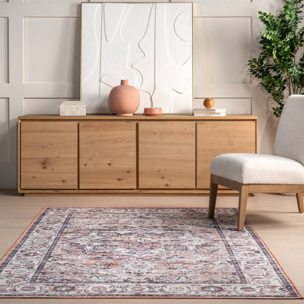 Nuloom Joslyn Traditional Floral Washable Rug, Blush 2' 8" x 8'