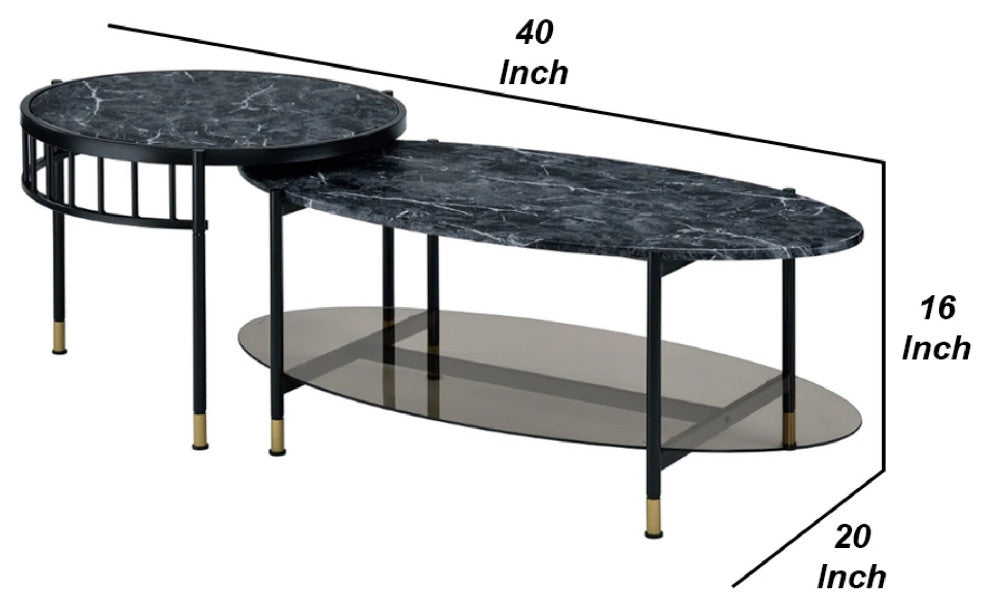 Benzara BM275495 2 Piece Nesting Coffee Table, Marble Top, Glass Shelf, Black