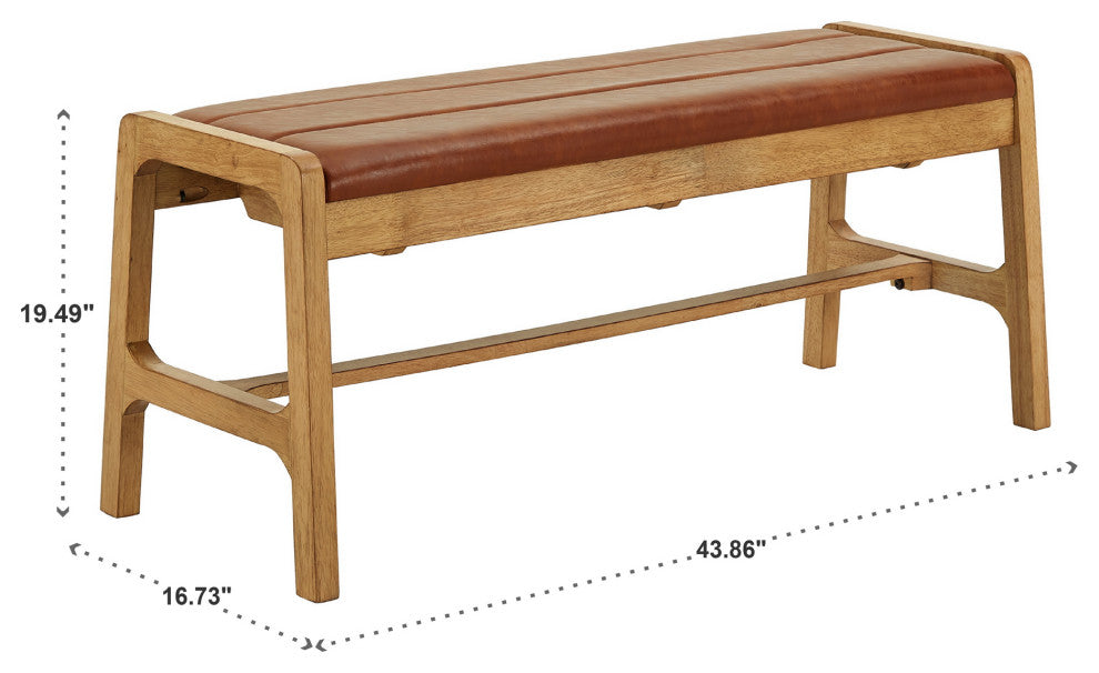 Roros Modern Scandinavian Light Oak Finish Caramel Faux Leather Cushion Bench