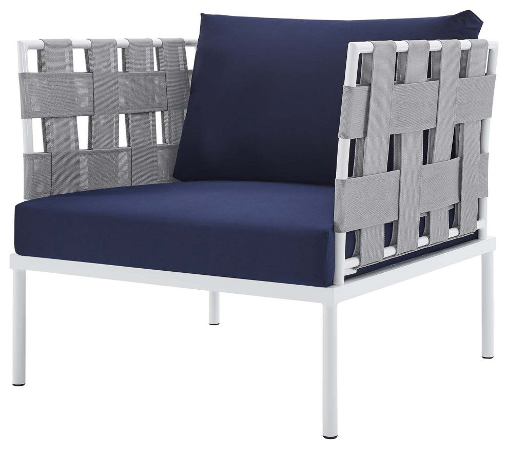 Sectional Sofa Chair Table Set, Sunbrella, Aluminum, Gray Blue Navy, Outdoor