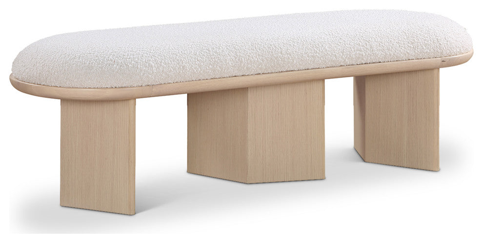 Wilshire Boucle Fabric Upholstered Bench, Cream, Natural Oak Finish