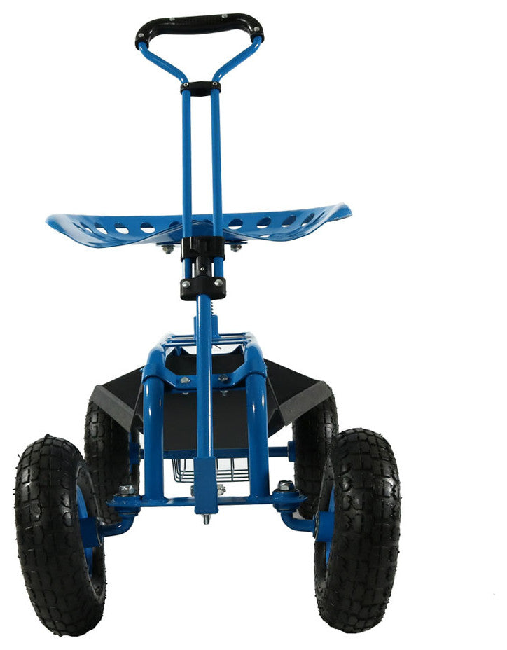 Sunnydaze Rolling Garden Cart With Steering Handle, Seat and Basket, Blue