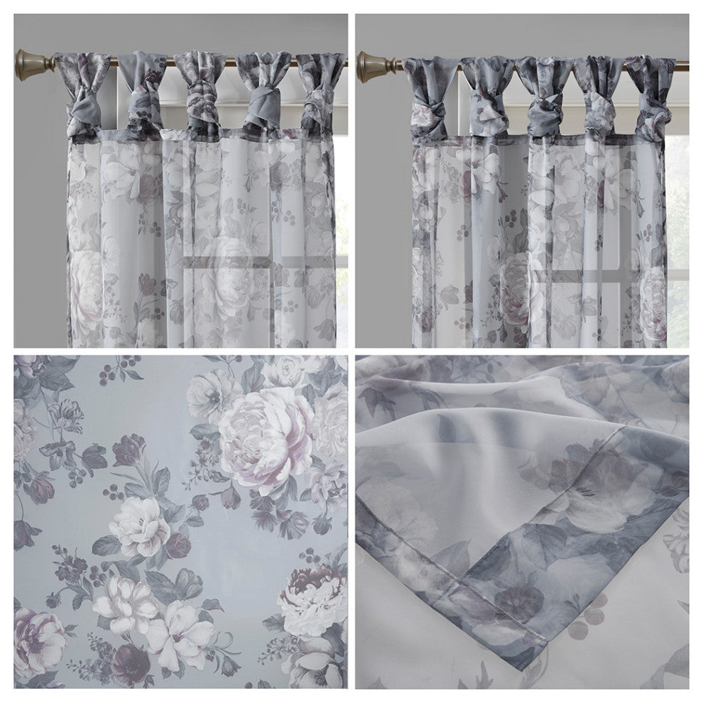 Madison Park Simone Printed Floral Twist Tab Top Voile Sheer Curtain, Grey
