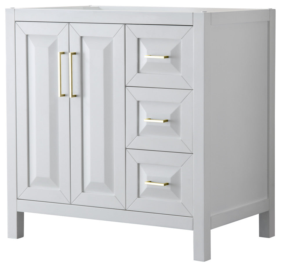 36" Single Bath Vanity, White, No Countertop, No Sink, Gold Trim