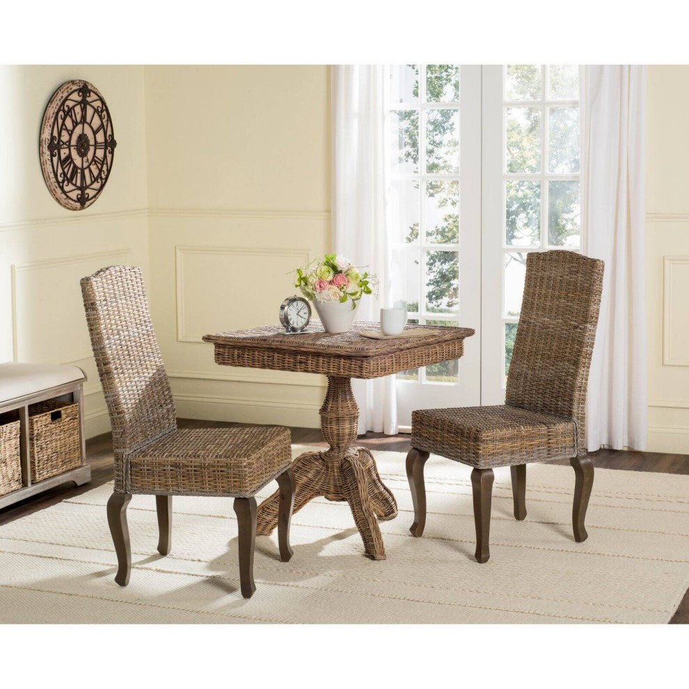 Set of 2 Dining Chair, Hardwood Frame With Rattan Wicker Seat & Back, White/Gray