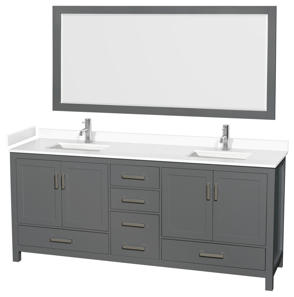 80"DBL Bathroom Vanity Dark Gray, White Cult.Marble Countertop, Sinks, 70"Mirror