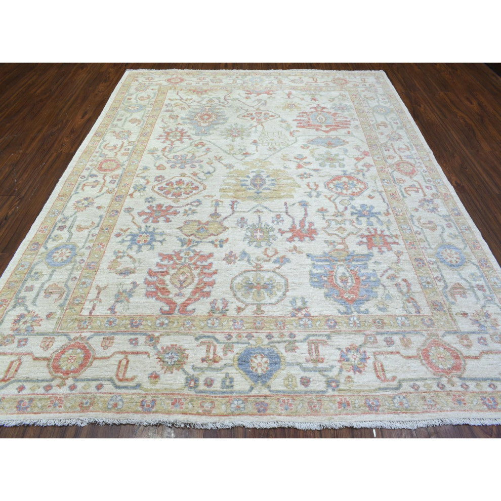 Ivory Afghan Oushak Branch Flower Design Soft Wool Hand Knotted Rug, 8'1"x10'2"