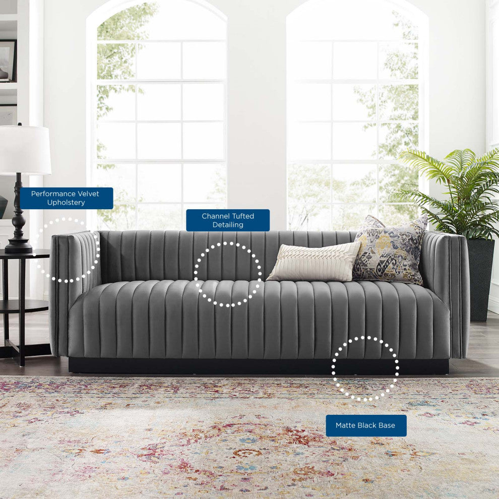 Tufted Sofa, Velvet, Gray, Modern, Living Lounge Hotel Lobby Hospitality